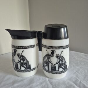 Vintage MCM Dominion Milk Glass Cream And Suger Set Grecian Theme